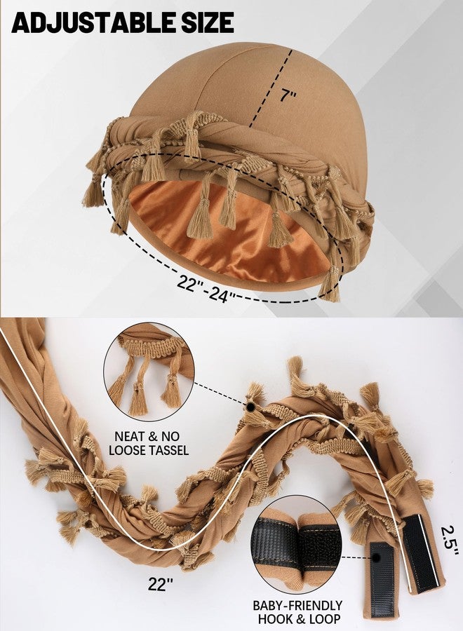 Ababalaya Adjustable Satin Lined Halo Turban Durag for Men &Women, Sleeping Bonnet, Beanie Hats, PRE-Tied Headwraps for Hair Loss, Khaki, 1 PCS - Image 3